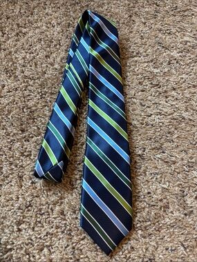 Chaps Navy Tie with Blue and Green Diagonal Stripes